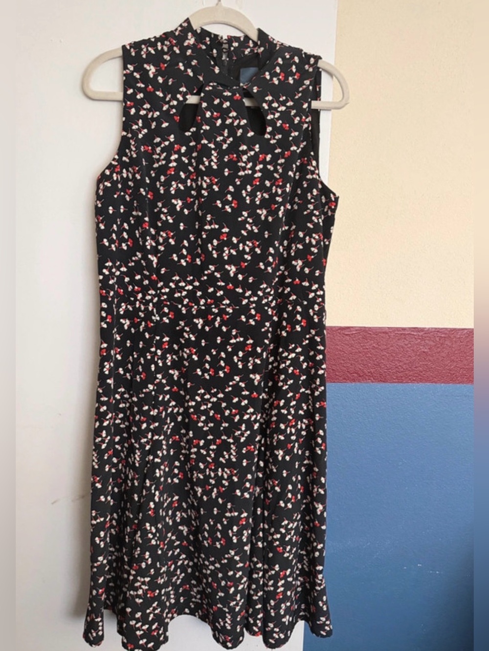 ModCloth Black Floral Tie-Neck Midi Dress with Red and White Buds